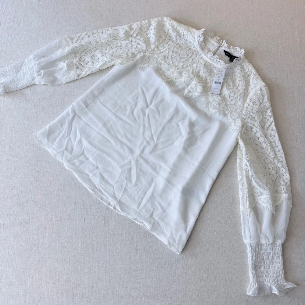 White House Black Market Ecru Mock Neck Lace Blouse  Size 6 - Picture 8 of 9
